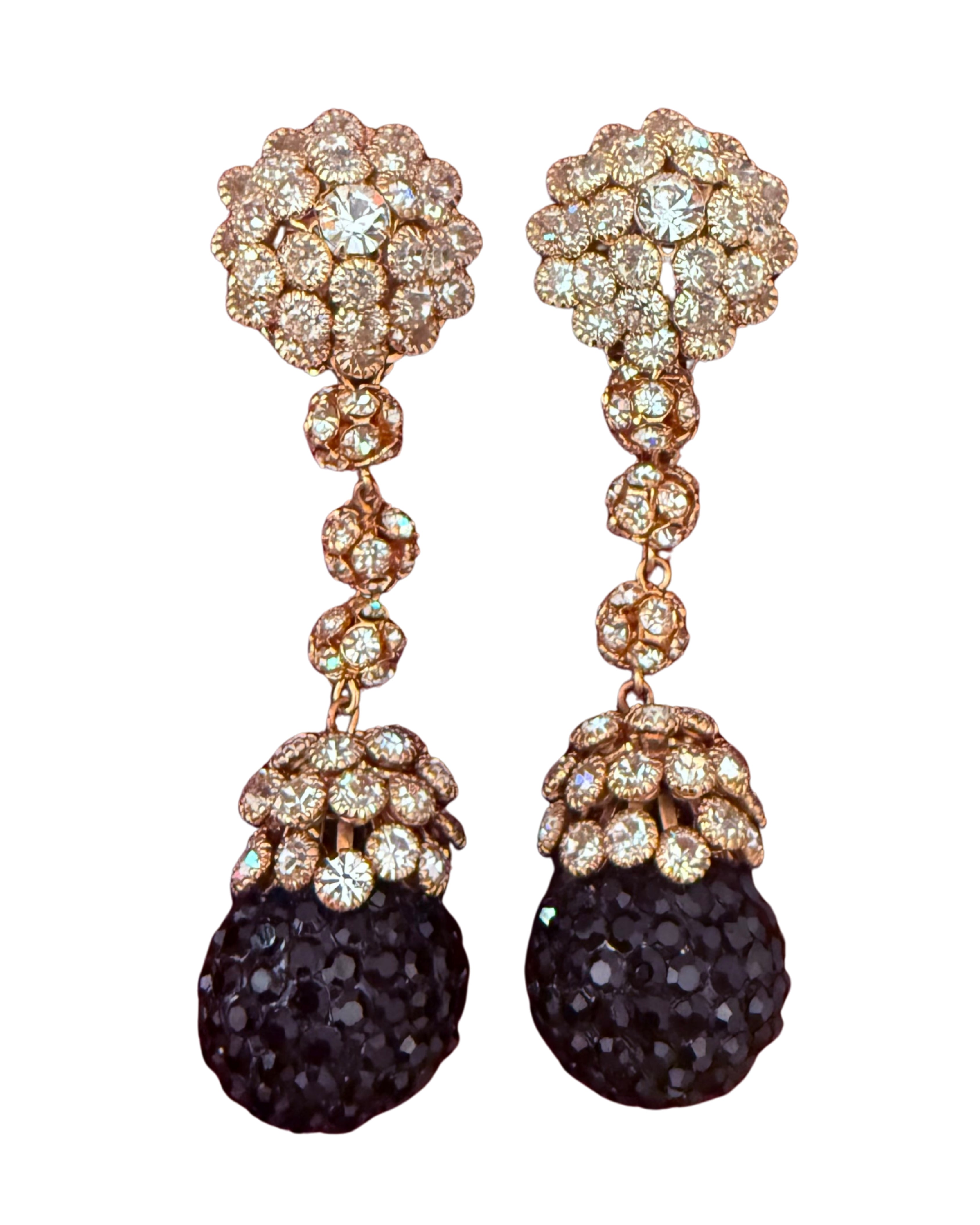 1960s Black and Gold Crystal Ball Drop Clip-On Earrings