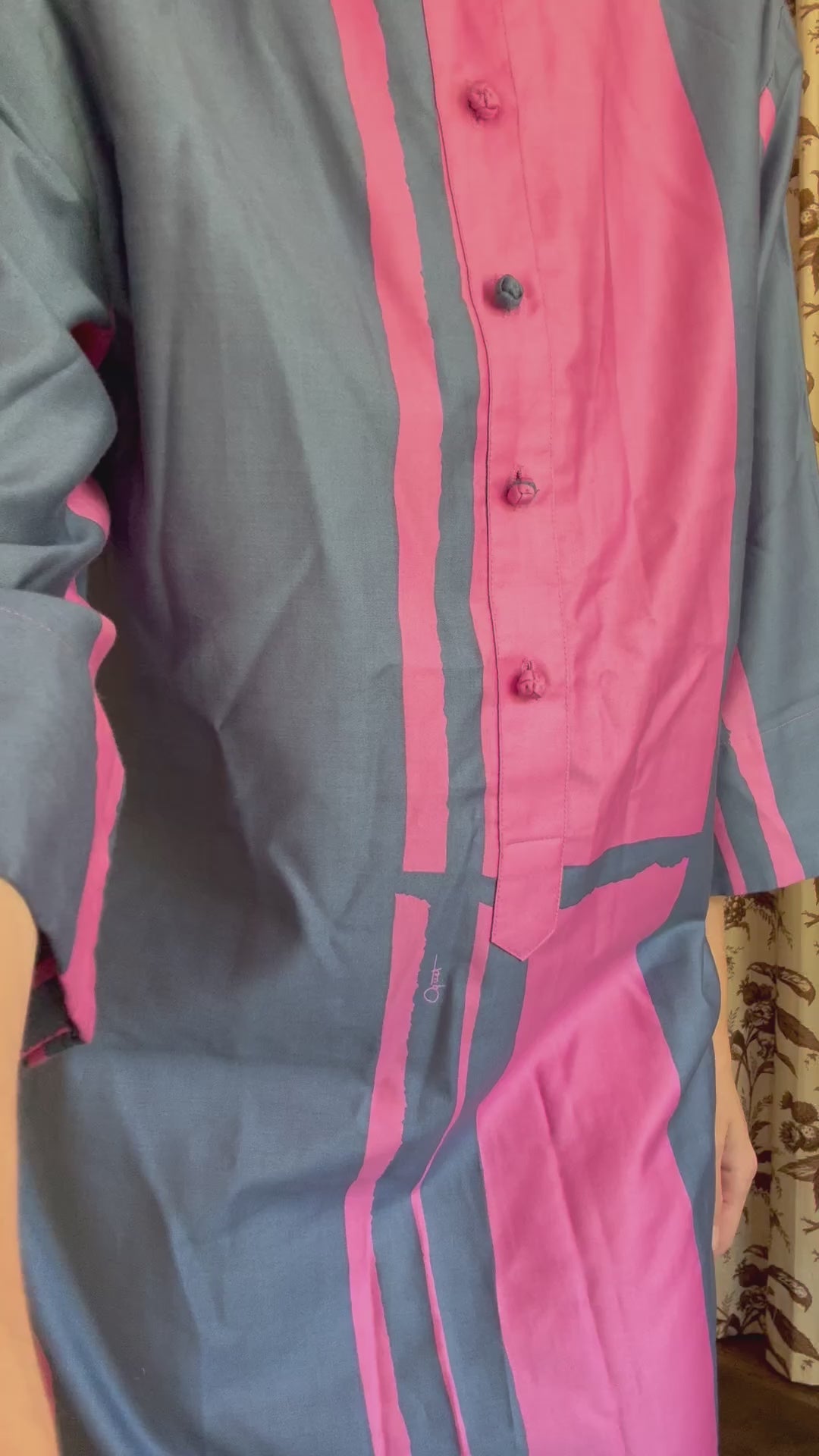 1980s Penthouse Gallery Blue and Pink Midi Dress