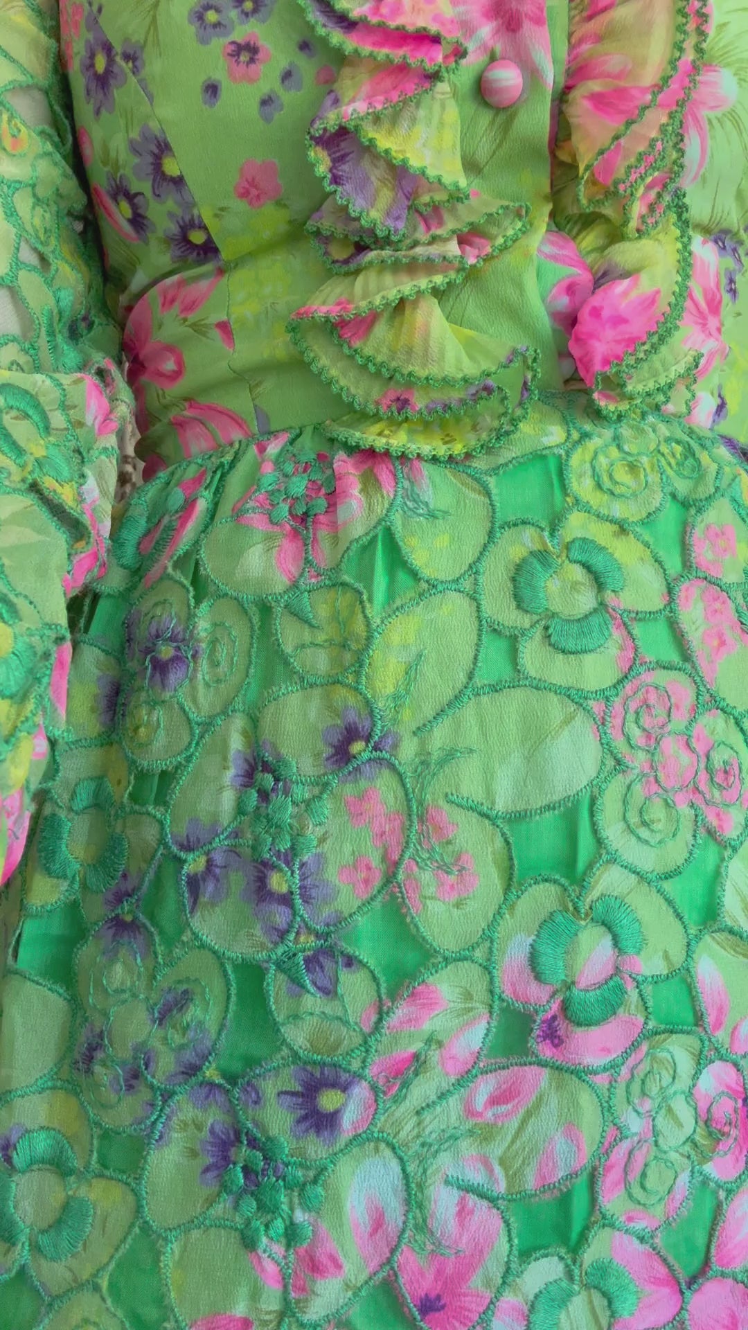 1970s Brenner Couture Green and Pink Long Sleeve Floral Maxi dress